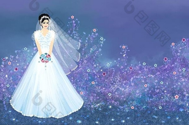 美丽的新娘穿着蓝紫色背景的白色连衣裙。数字艺术。