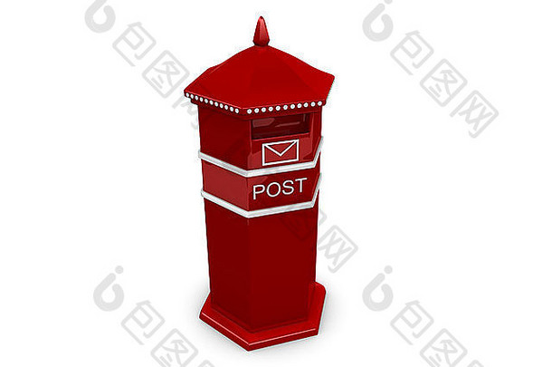 3d渲染，白色背景上隔离的红色邮箱