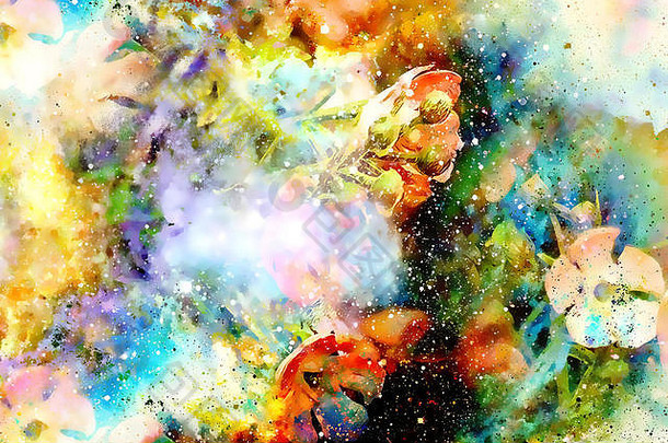 花的宇宙空间，彩色星系背景，电脑拼贴。