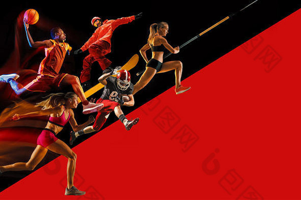 有创意的拼贴画运动员行动游戏黑色的红色的背景广告体育运动健康的生活方式运动活动运动概念美国足球篮球波兰库