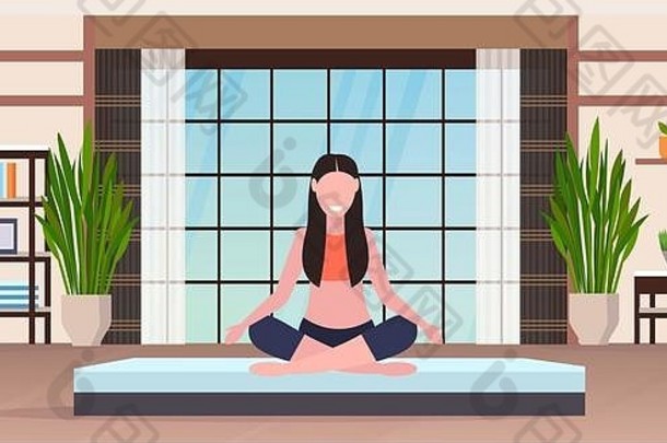 年轻的女人瑜伽练习微笑体育运动健身女孩坐着莲花构成冥想放松概念现代健身房室内完整的长度