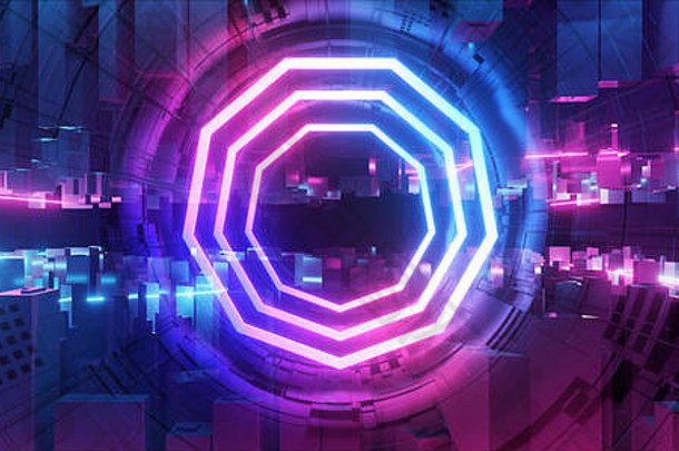 阶段霓虹灯发光的外星人宇宙飞船未来主义的sci建设紫色的蓝色的发光的激光梁荧光充满活力的霓虹灯城市隧道走廊上光
