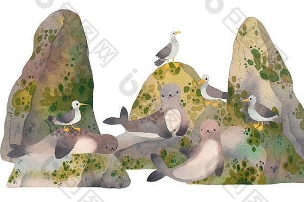 可爱的水彩懒洋洋的海豹和海鸥在海岩和悬崖上放松。卡瓦伊儿童版画插图。