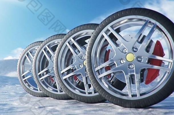3d插图：背景和湿滑的冬季道路上的冬季轮胎。冬季轮胎概念。概念轮胎，冬季胎面。更换车轮。路