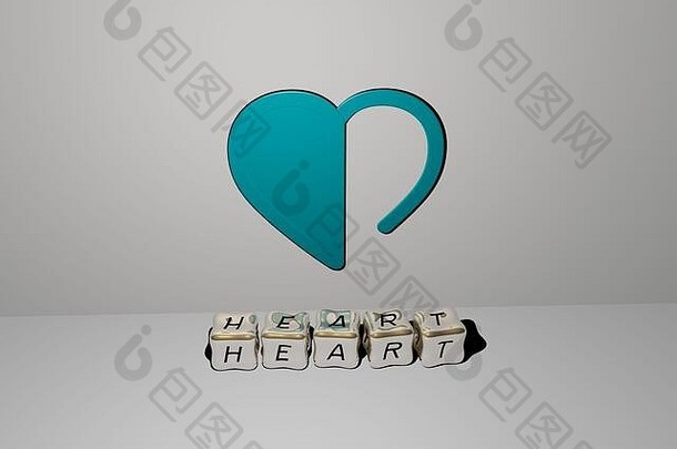 心脏的3D表示，墙上有图标，镜面地板上有金属立方体字母排列的文本，用于概念含义和幻灯片演示。插图和背景