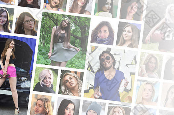 拼贴画集团肖像年轻的高加索人女孩社会媒体网络集轮女图片孤立的白色背景