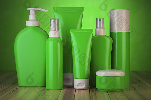 集绿色化妆品产品化妆品系列每天美护理产品孤立的白色背景容器奶油药膏