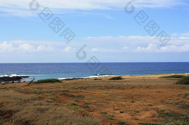 美国夏威夷考拉纳湾太平洋火山岩海岸线旁生长着锈迹斑斑的沙土和小草