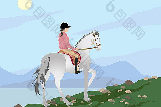 一位妇女骑着马在以丘陵和湖泊为背景的山地上跋涉的插图