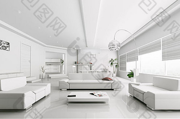 现代白色客厅内部全景3d渲染