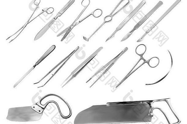 一套外科器械。镊子，手术刀，利斯顿截肢刀，夹子，剪刀，福克曼钩，迈耶钳，针头，兰根贝克锯