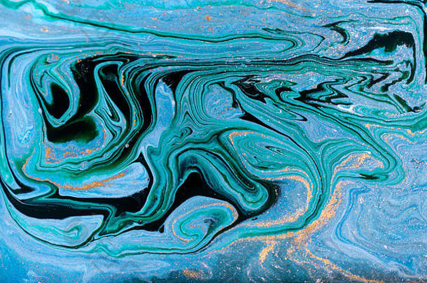 大理石摘要丙烯酸背景自然蓝色的绿色大理石花纹<strong>艺术</strong>作品纹理黄金闪闪发光的