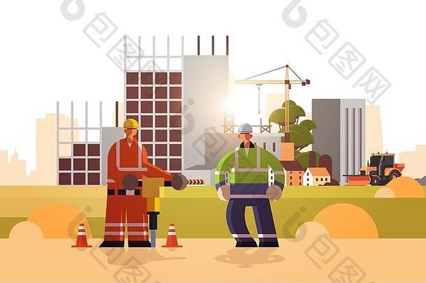建筑商夫妇钻井手提钻穿硬他忙工人们工作工业工人统一的建筑概念建设