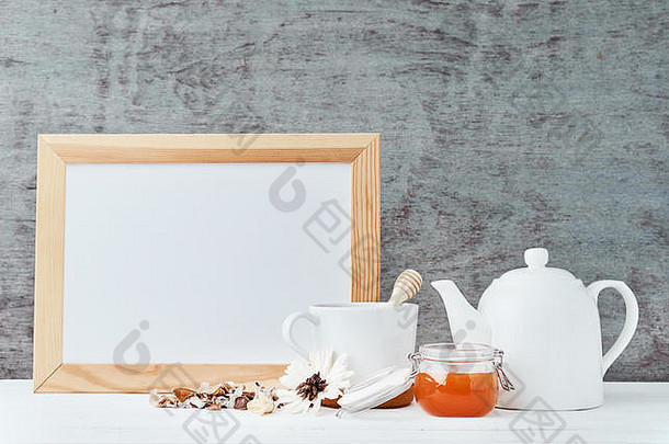 厨房餐具背景空白色纸茶壶杯蜂蜜玻璃Jar厨房模拟复制空间