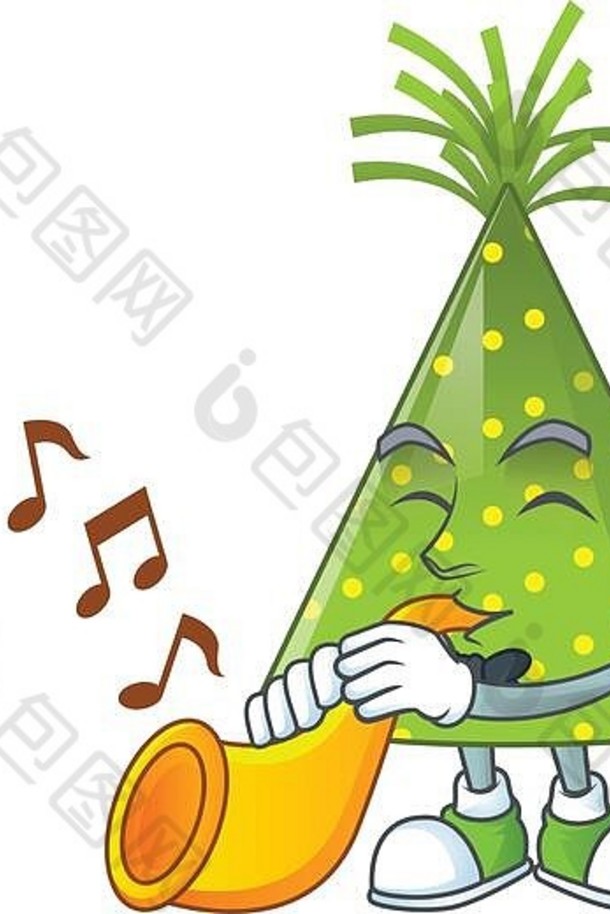 绿党帽吉祥物设计的天才音乐家用小号演奏音乐