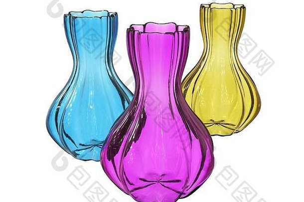 蓝色、紫色和黄色设计的独立三个玻璃花瓶3d渲染