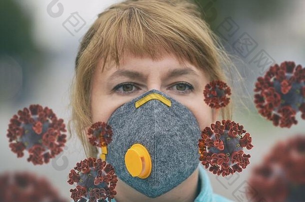女人穿真正的反污染的要脸面具“非典”科维德流感大流行概念