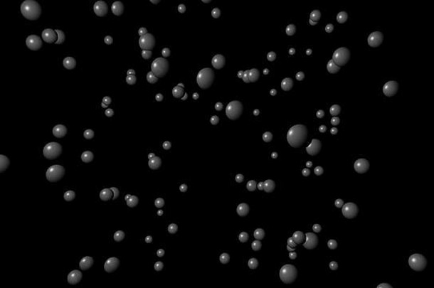 黑色背景上的随机灰色粒子或球体。三维插图