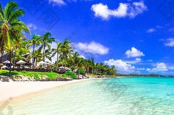 毛里求斯岛的热带度假和豪华度假村。美丽的海滩美女马