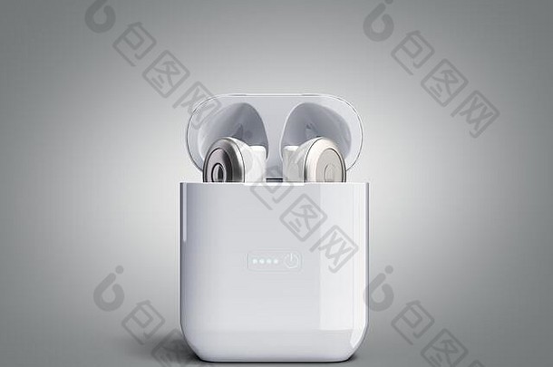 充电盒中的白色单头无线耳机灰色渐变3d渲染