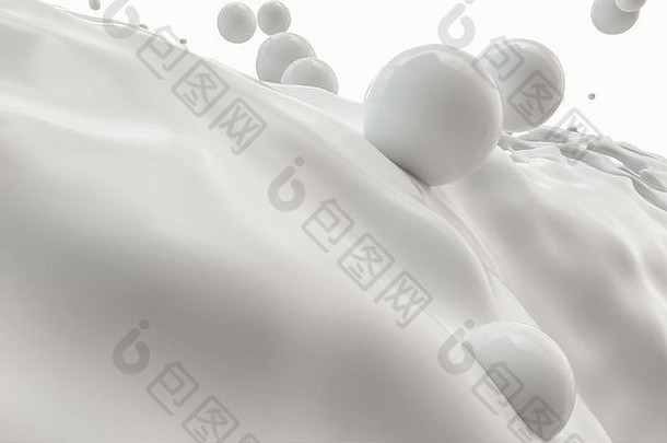 纯牛奶飞溅与飞行的球体，三维渲染。计算机数字图像。