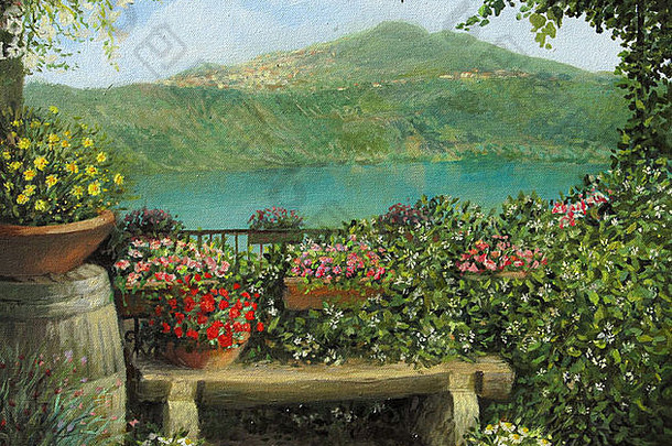一幅油画在画布上描绘了意大利甘道夫城堡的湖景，画中有一张浪漫的长椅和盛开的鲜花。