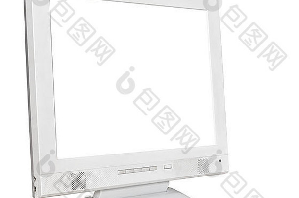 侧视图灰色计算机显示屏，带有白色背景上隔离的切割屏幕