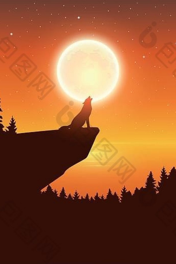 在一个繁星点点的夜晚，狼在湖边对着满月嚎叫