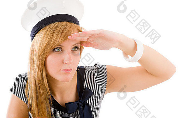 年轻海军陆战队女子身着白色军装向海军致敬