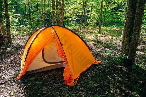 橙色野营帐篷背包舒适的绿色森林