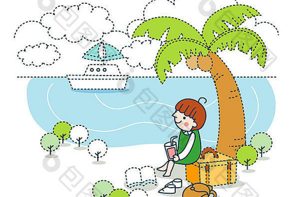 一个女孩坐在棕榈树下，船在海里