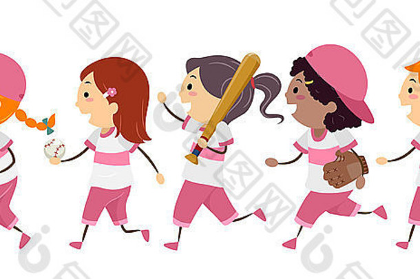 插图特色集团女孩穿着棒球齿轮走街