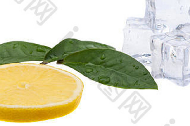 轮片明亮的新鲜的多汁的柠檬一边视图绿色叶子冰多维数据集白色背景孤立的