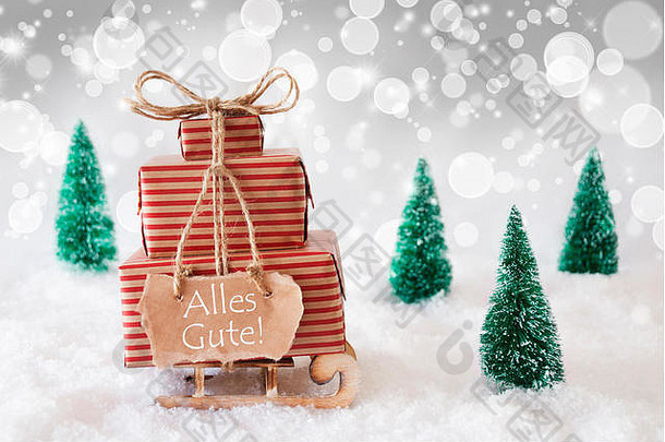 白色背景的圣诞雪橇，Alles Gute表示最美好的祝愿
