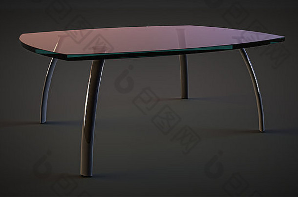 玻璃桌子，透明的桌面和金属腿。孤立黑暗背景下的室内家具