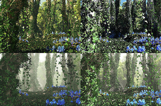 电脑图形森林蓝色的花树树干完整的艾薇大气变化