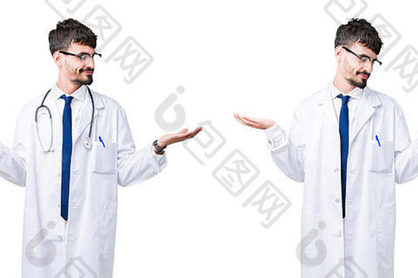 拼贴画年轻的医生男人。穿医疗外套微笑显示手开放手掌展示广告比较平衡