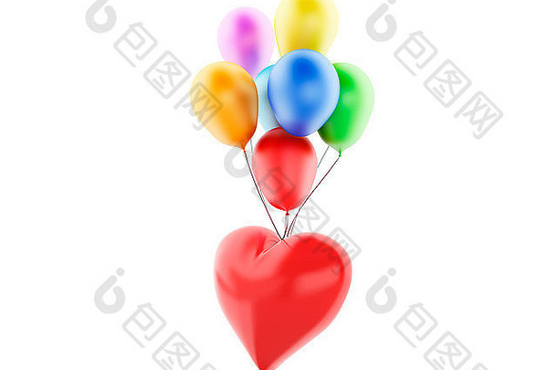 渲染器插图红色的心色彩斑斓的气球情人节一天概念孤立的白色背景