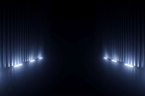 黑暗工作室仓库激光Led发光工作室灯光舞台音乐会展示厅领奖台虚拟夜蓝络外星人宇宙飞船3D渲染插图