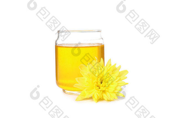 菊花玻璃Jar蜂蜜孤立的白色背景