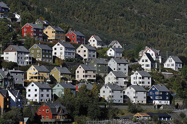在挪威奥达的Sörfjorden上方的斜坡上攀爬着色彩鲜艳的木屋