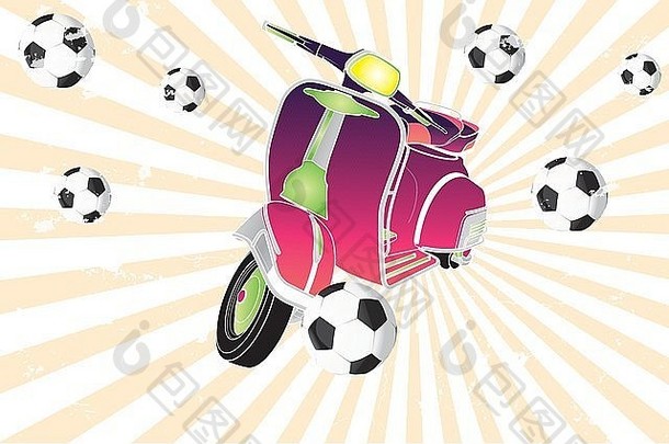 色彩斑斓的复古的踏板车玩足球手画插图