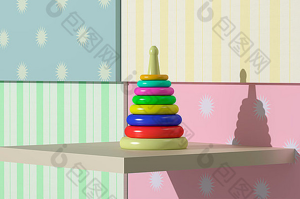 彩色墙上一些婴儿玩具的3d渲染