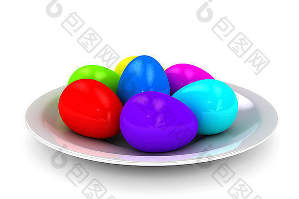 在白色背景上放上彩色鸡蛋。计算机生成图像