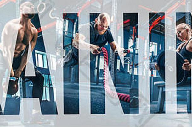这幅拼贴画描绘的是在健身馆里穿着战绳的男人和女人。健身房，运动，绳索，训练，运动员，锻炼，锻炼的概念。拼贴上的字母。