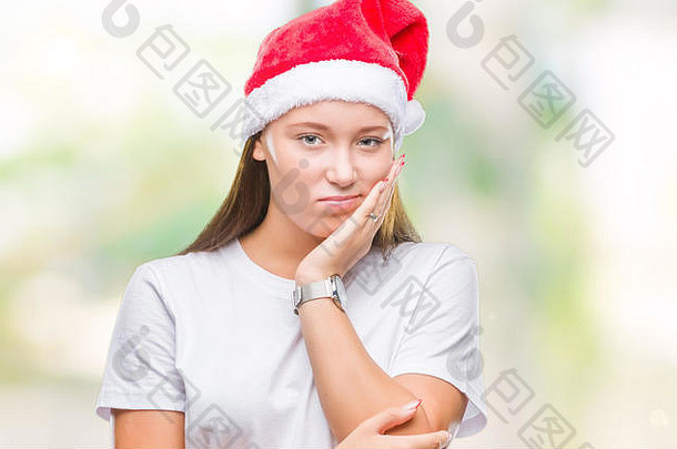年轻的美丽的高加索人女人穿圣诞节他孤立的背景思考累了无聊抑郁症问题交叉