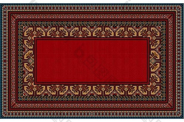 奢华的复古东方地毯，带有明亮的图案杂色边框和红色中心
