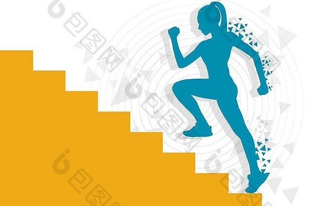 女跑步者爬楼梯，创意形象