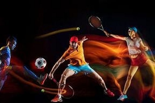有创意的拼贴画运动员混合霓虹灯光黑色的背景摩天观景轮广告建议运动行动体育运动达到目标概念网球足球篮球羽毛球运行