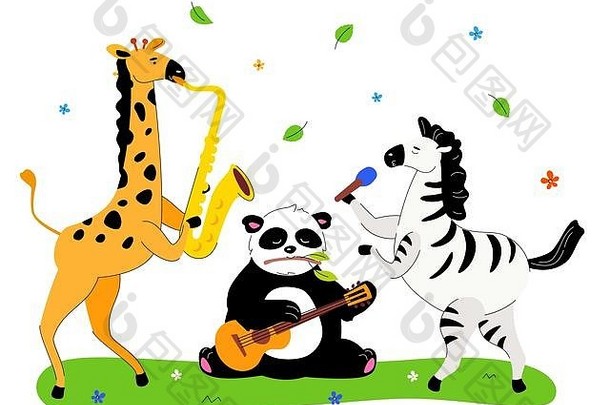 动物玩音乐平设计风格插图